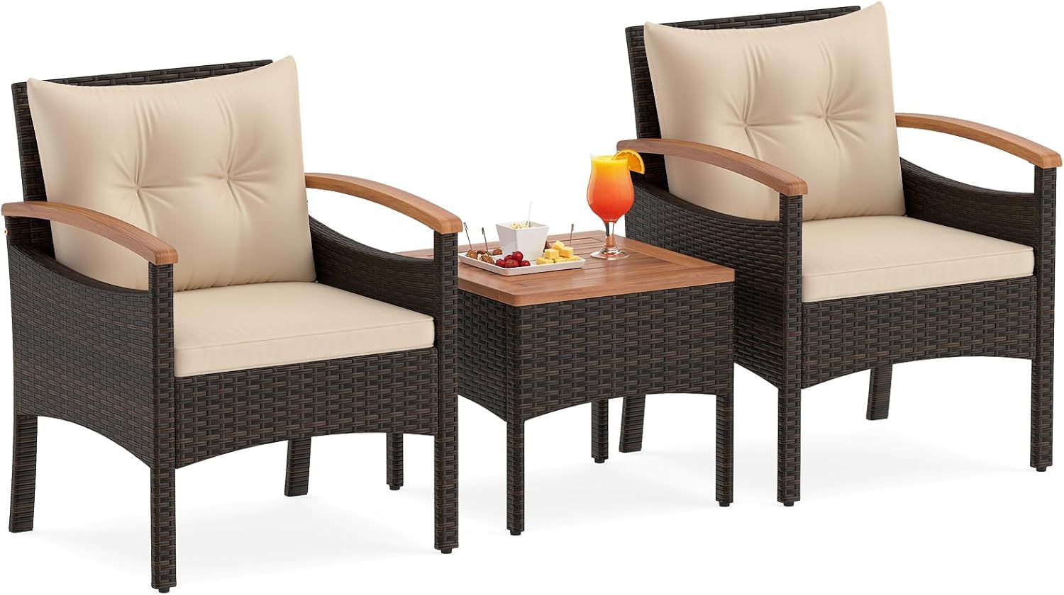 Set mobili da giardino, 1 Tavolino con Piano in Legno Massello, Salotto da Giardino in Rattan PE, Salottino da Esterno 3 Pz, per Terrazzo, SOARS