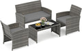 Set mobili da giardino, Set Salotto da Giardino 4 Pezzi, Divanetto e Poltrone in Rattan con Tavolino da Caffè in Vetro Temperato, COSTWAY