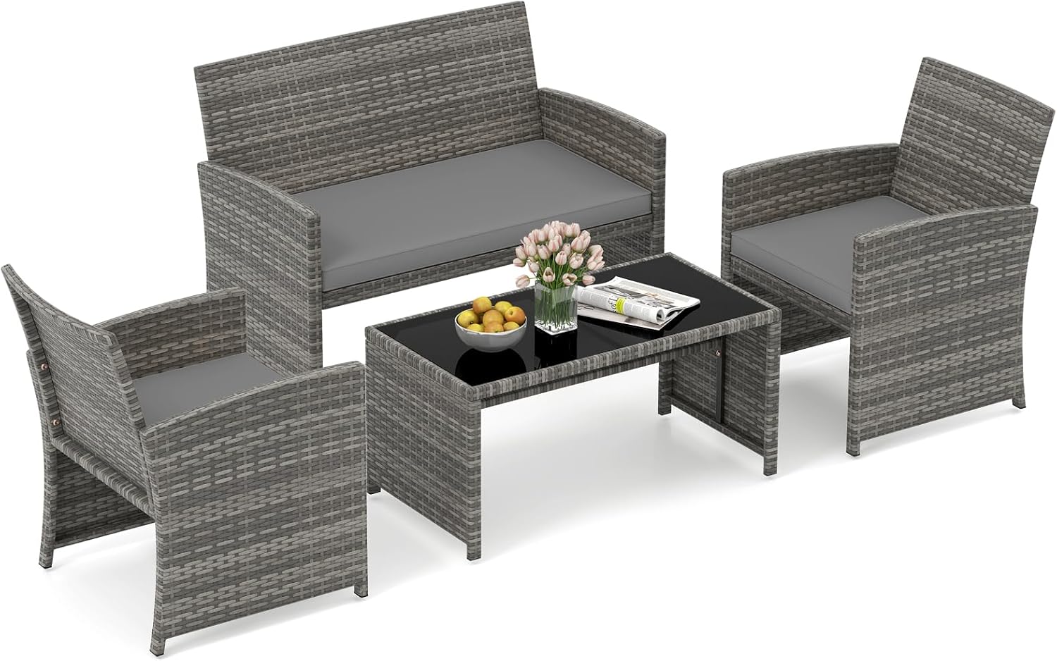 Set mobili da giardino, Set Salotto da Giardino 4 Pezzi, Divanetto e Poltrone in Rattan con Tavolino da Caffè in Vetro Temperato, COSTWAY