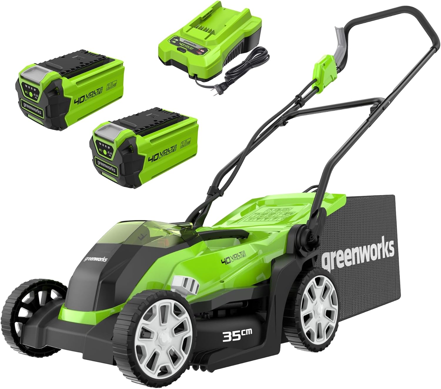 Greenworks -G40LM35K2X Tosaerba, G40LM35K2X, Sacca da 40 L CON Due Batterie 40 V 2 Ah e 1 Caricabatterie, Garanzia 3 Anni