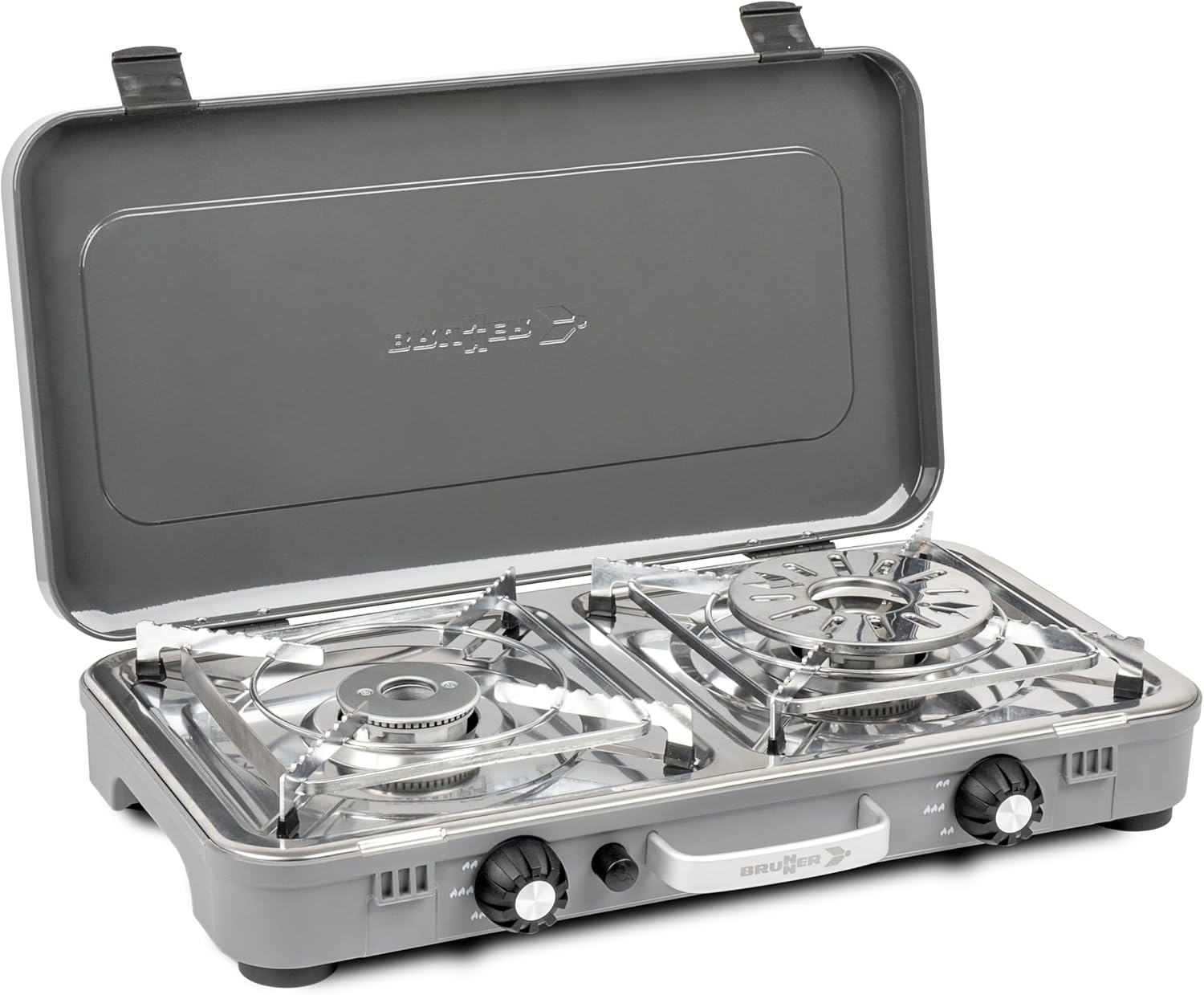 Fornelli, Fornello a gas DEVIL KOOKMASTER GP - Doppio bruciatore di 2,4 kW, accensione piezoelettrica, con piastra liscia, rigata, BRUNNER