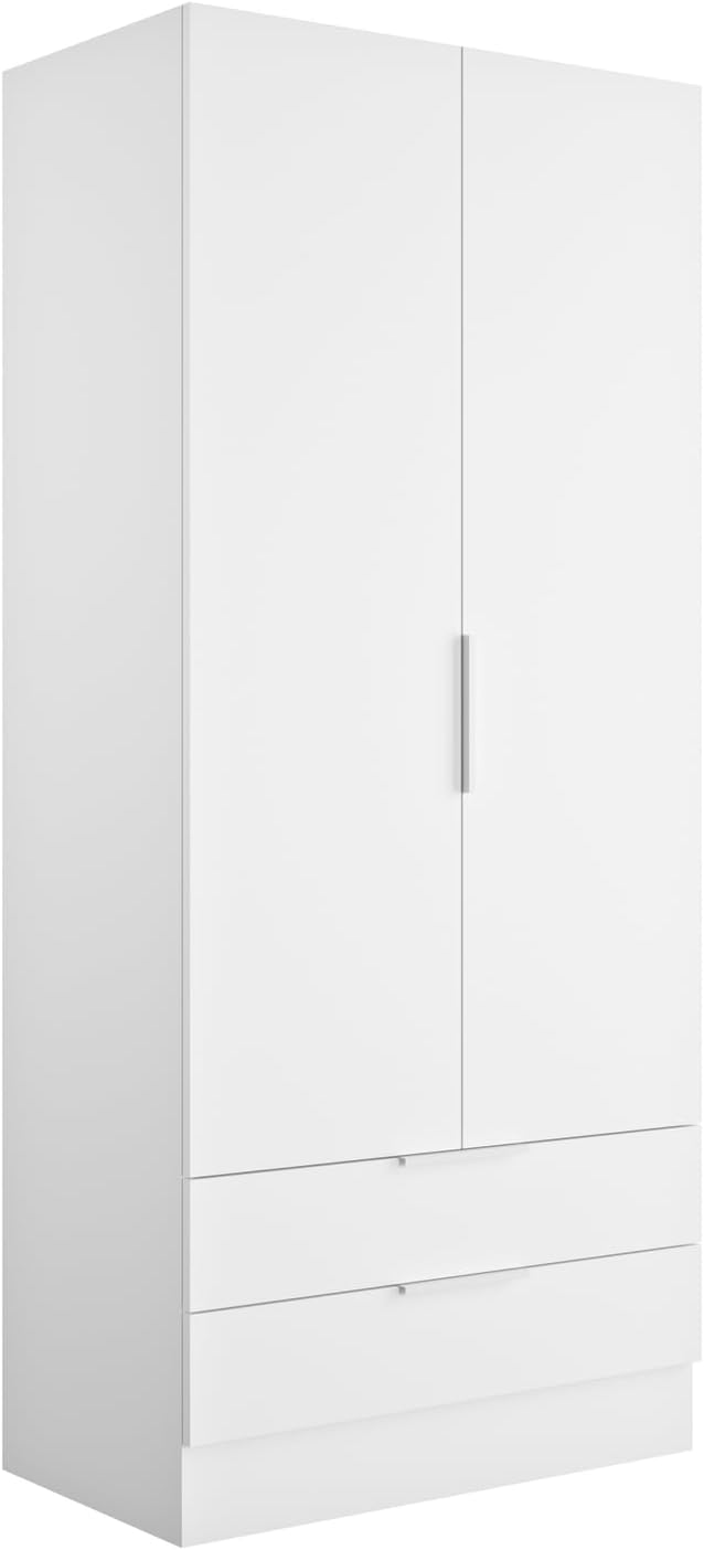 Armadio, per Camera da letto, Colore Bianco, della Linea ESPRESSO con 2 Ante e 2 Cassetti, (LxAxP) 81,9x184,4x46,3 cm, Contenitore, Composad