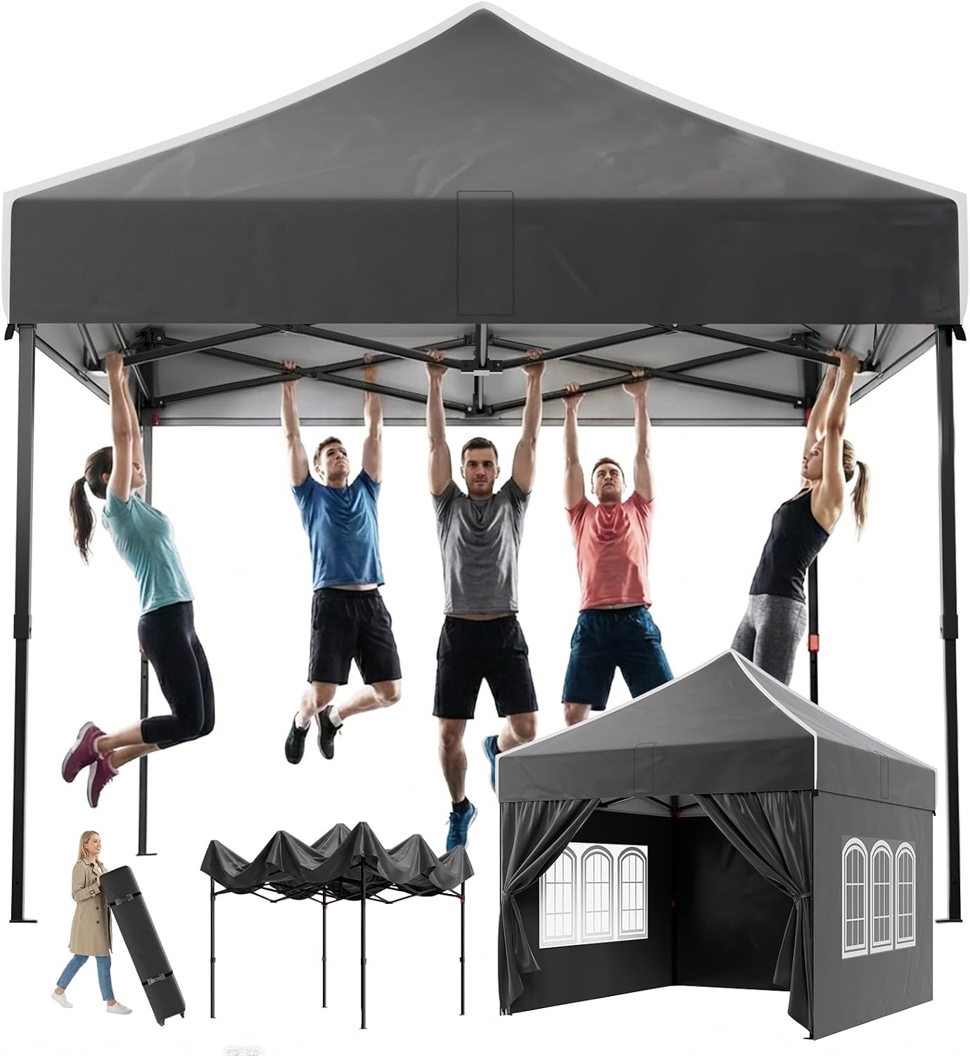 Gazebo, per giardino, campeggio, 3 x 3 impermeabile, protezione UV 50 +, stabile, resistente all'inverno, altezza regolabile, nero, Devoko 210D