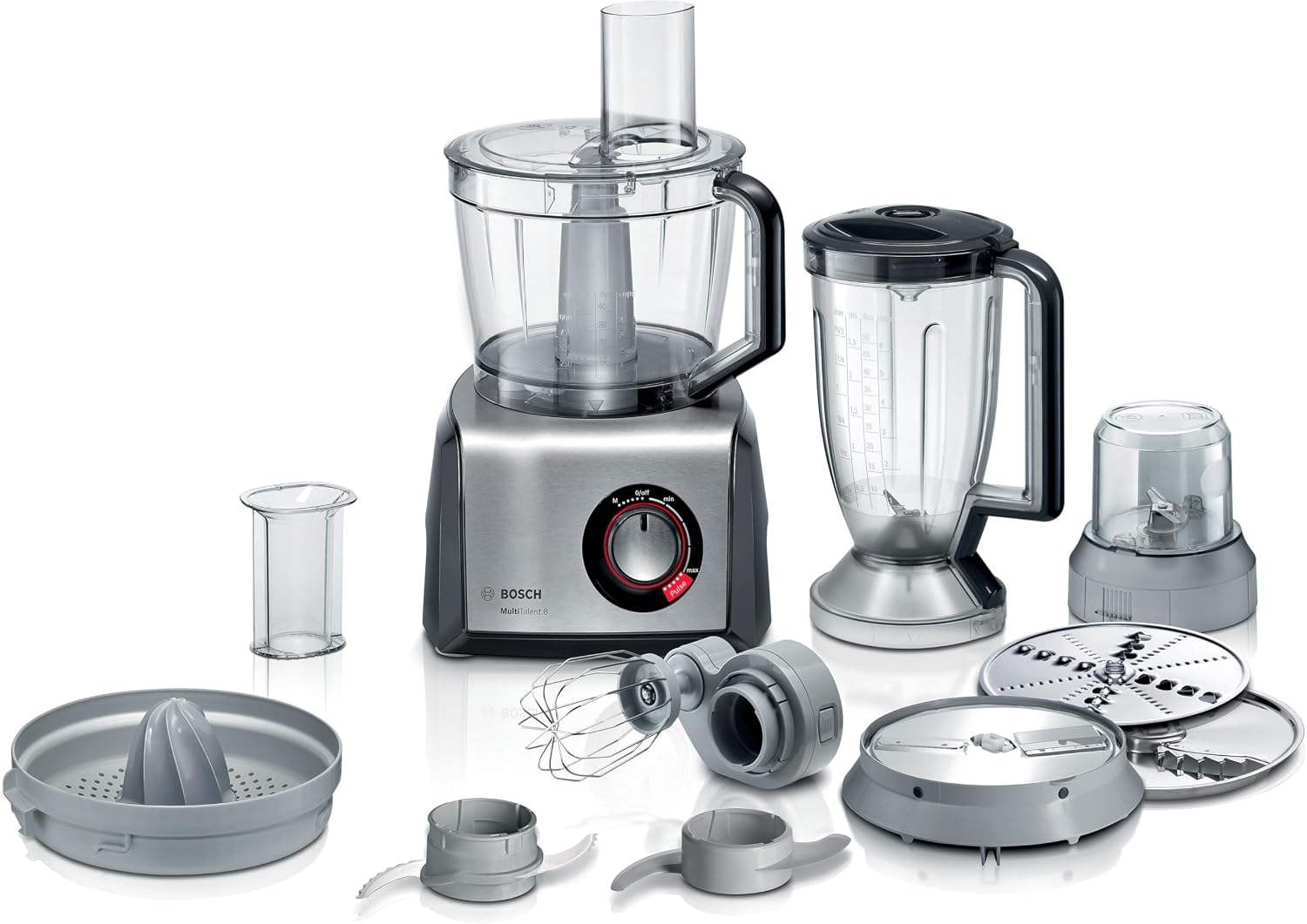 Bosch Robot da cucina grandi, Impastare, Macinare, Grattugiare e Montare, Spremiagrumi e Frusta, 1250 W, Ciotola 3.9 L, Accessori per Tagliare