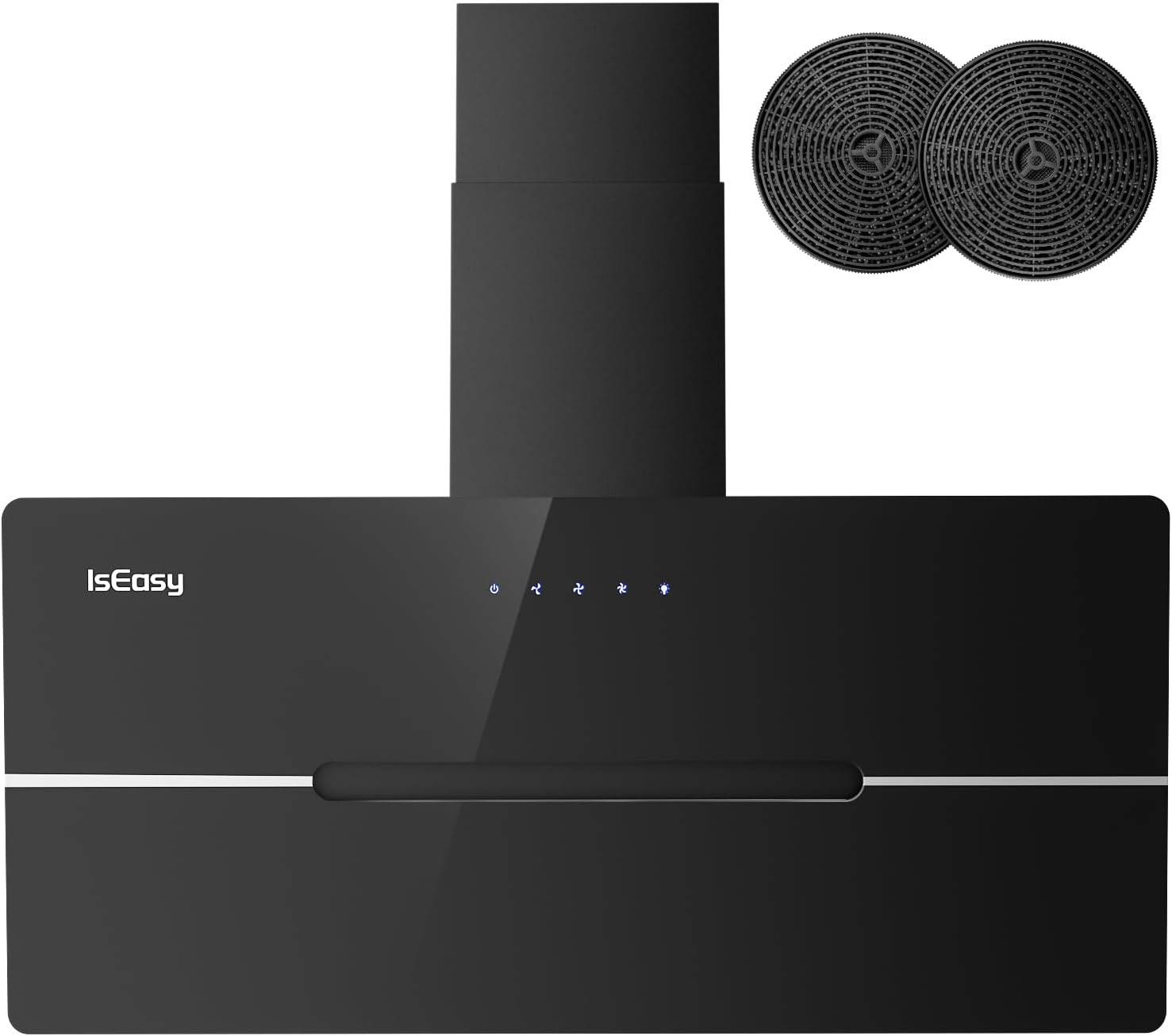 IsEasy Cappe a muro, Funzionamento Touch, Efficienza A++, Cappa Aspirante 90 cm, Ricircolo con 578 m3, 3 Livelli di Regolazione, 58 dB, Nero
