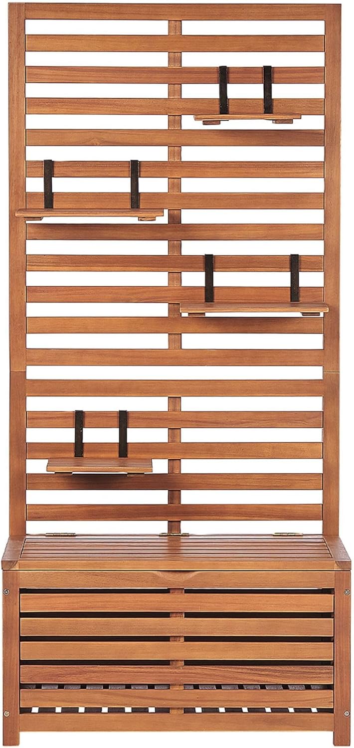 Panche, Beliani, Panca da giardino con mensole e pannello in legno di acacia 80 cm
