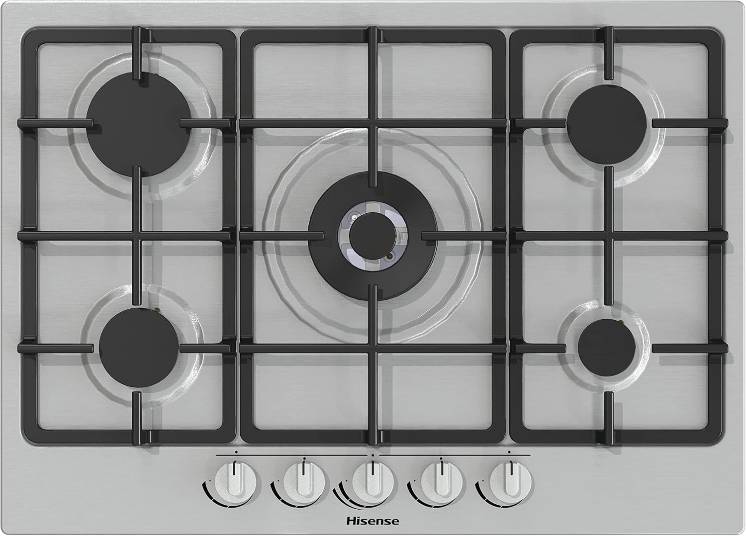 Piano cottura, 5 Zone di Cottura, a Gas, Bruciatore Wok Doppia Corona e Griglie in Ghisa, Accensione Integrata, Inox Anti Impronta, Hisense GM773XF