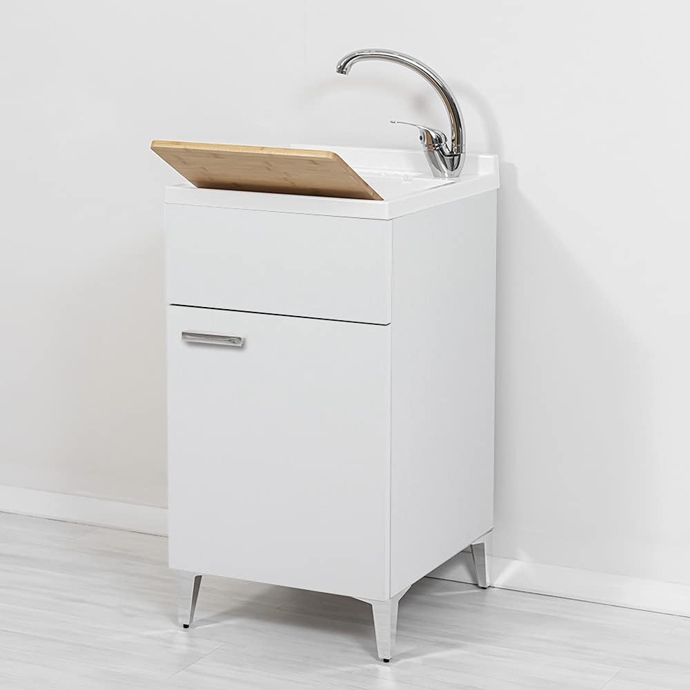 Mobiletti con lavabo, 1 Anta con Vasca in Resina, Mobile lavatoio salvaspazio 45x50, Completo di ASSE lavapanni e Kit di Scarico, Inbagno
