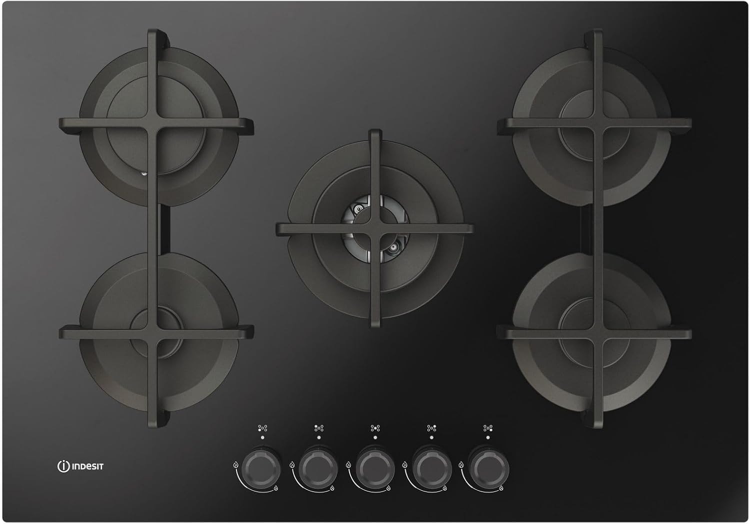 Piano cottura, ING, BK 1 piano gas vetro nero 75 cm 5 fuochi bruciatore doppia corona griglie in ghisa lavabili in lavastoviglie, Indesit 72T