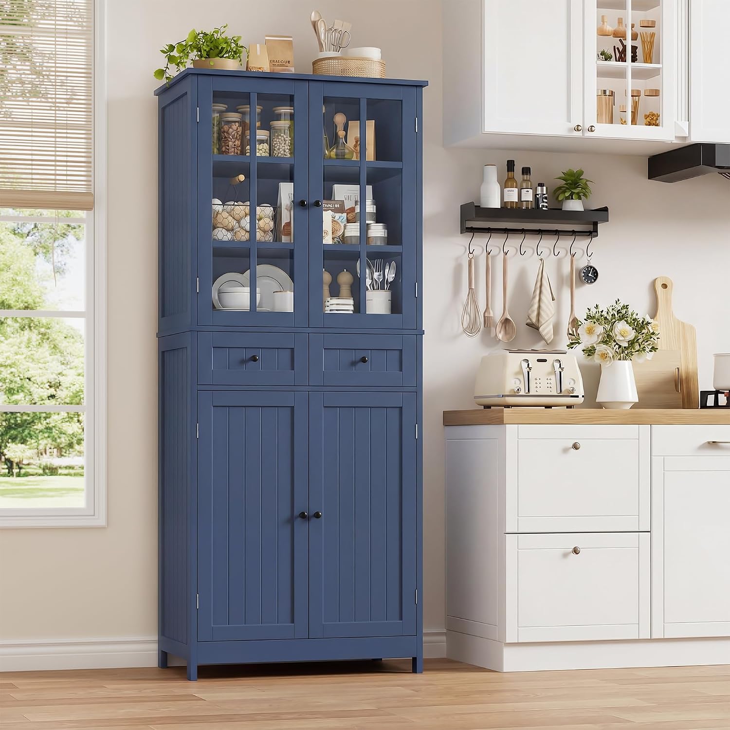 Credenza, Blu, Cucina, per Sala da Pranzo, Mobile Dispensa con 4 Ante e 2 Cassetti, Ufficio, Soggiorno, Moderno, HOCSOK 180H