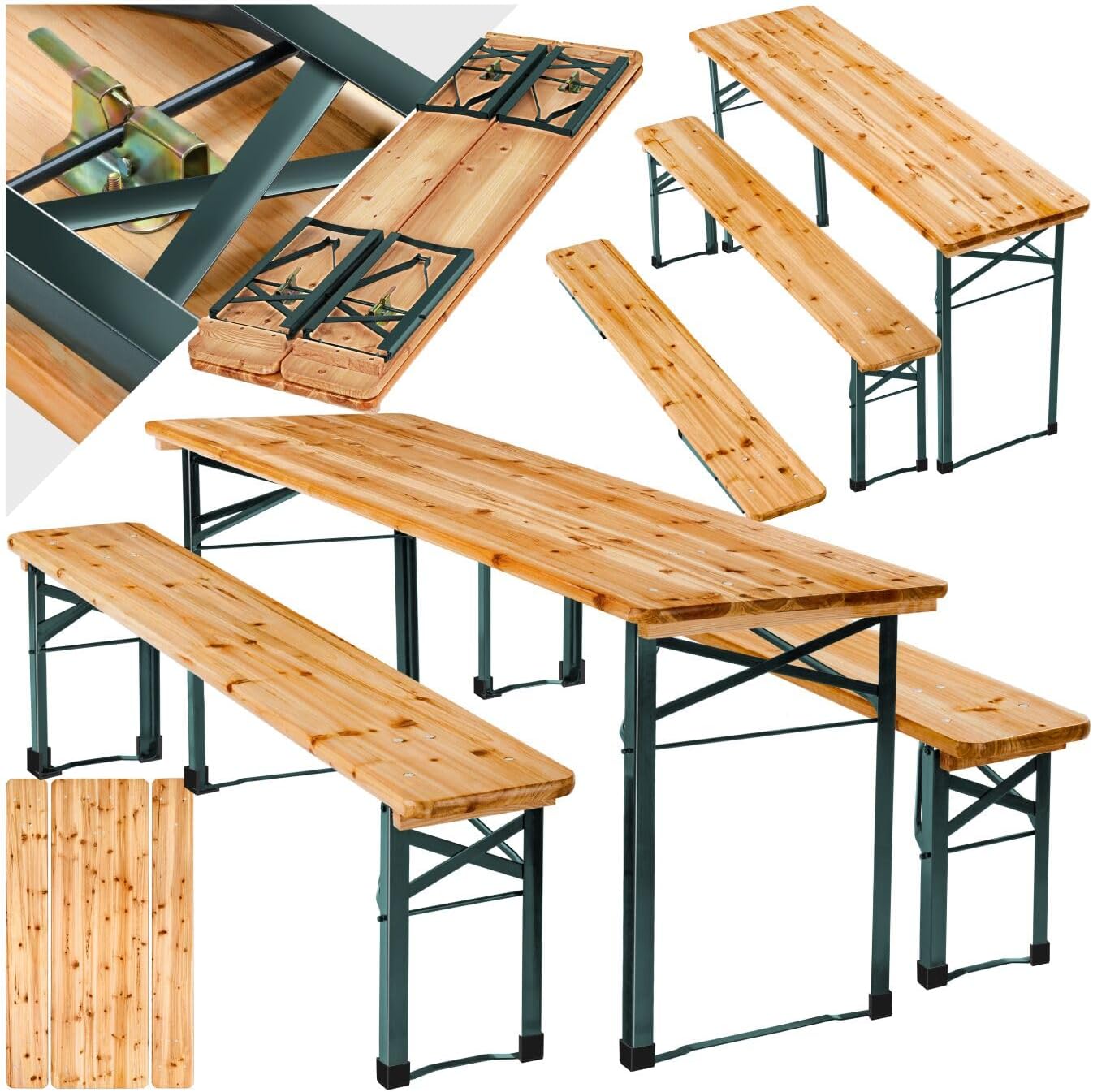 Set da pranzo, Struttura in Acciaio, Tavolo e Panche da Esterno con Comodo Schienale, Cerniere Robuste, ® Set 3 Pezzi da Birreria, tectake