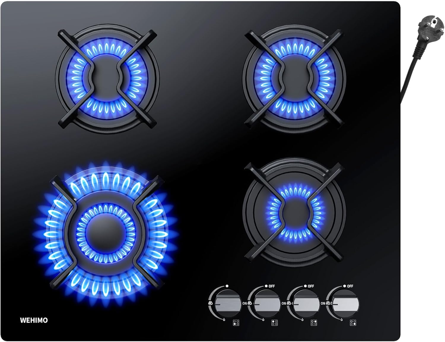 WEHIMO Piano cottura, a Gas 4 Fuochi da Incasso, 60 cm, 7800 W, Protezione Flame-Out, Gas Naturale, Propano, Butano, Vetro Nero