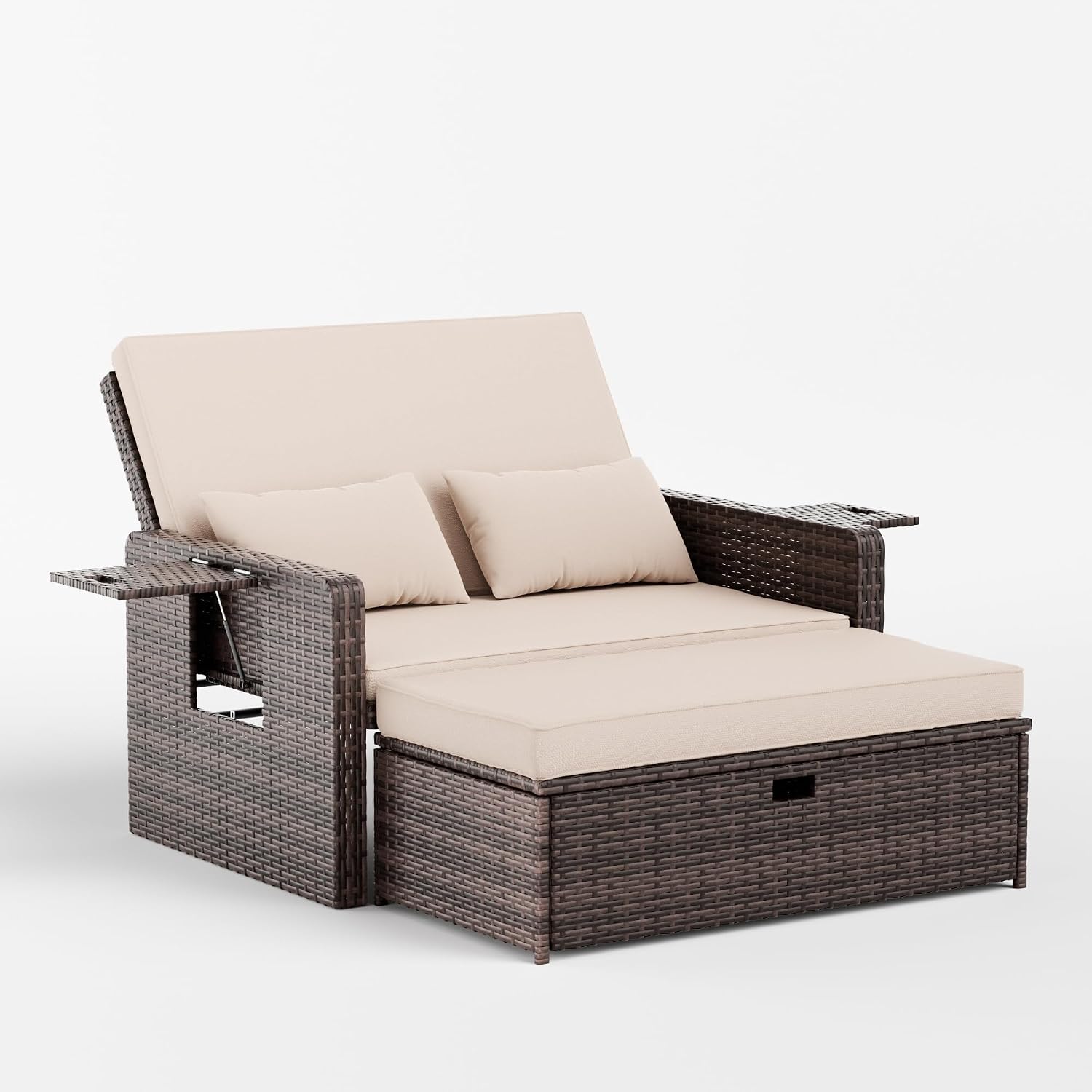 Set mobili da giardino, Poltrona Relax per Terrazzo e Balcone - Beige, Divano da Giardino in Rattan 2 Posti con Poggiapiedi, UDPATIO