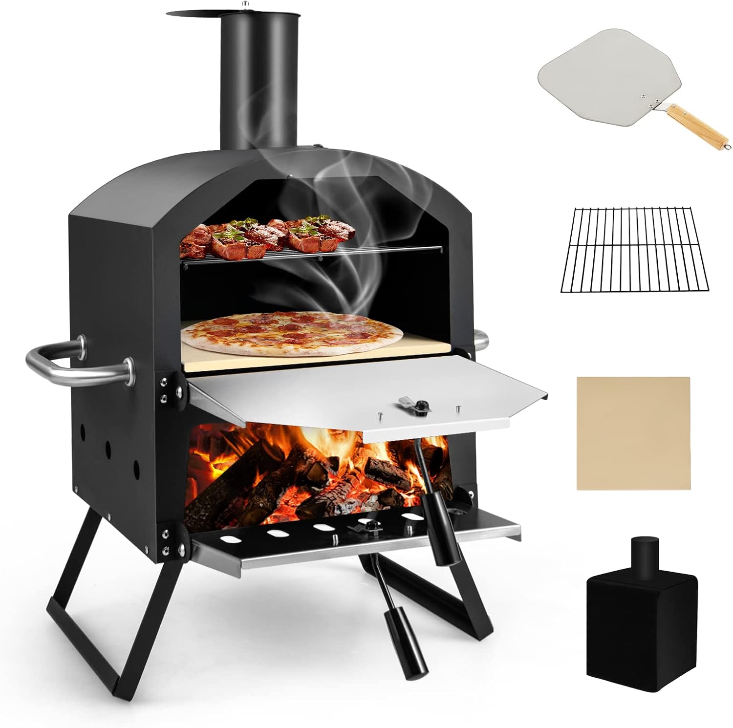 COSTWAY Forni per pizza, Copertura Impermeabile, 2 Strati, Forno per Pizza da Esterno, Forno a Legna per Pizza con Gambe Pieghevoli, Pietra per pizza