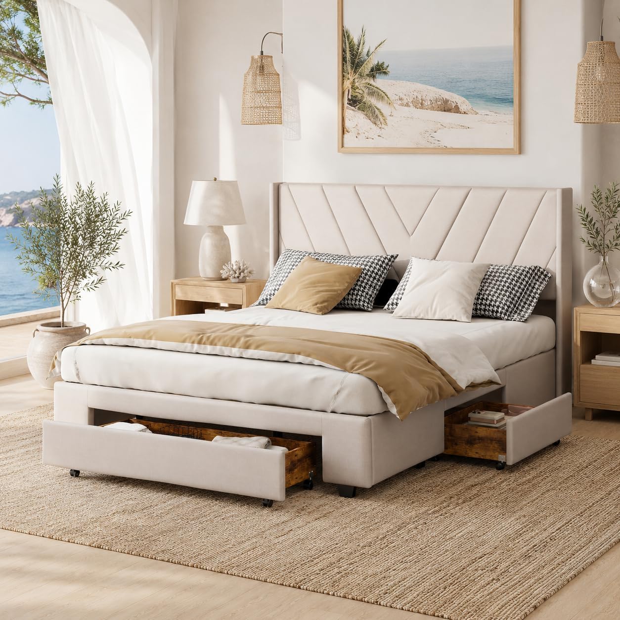 BRILVERDE Letti, letto imbottito con 3 cassetti, lino (Beige(59), letto contenitore con testiera e rete a doghe, senza materasso
