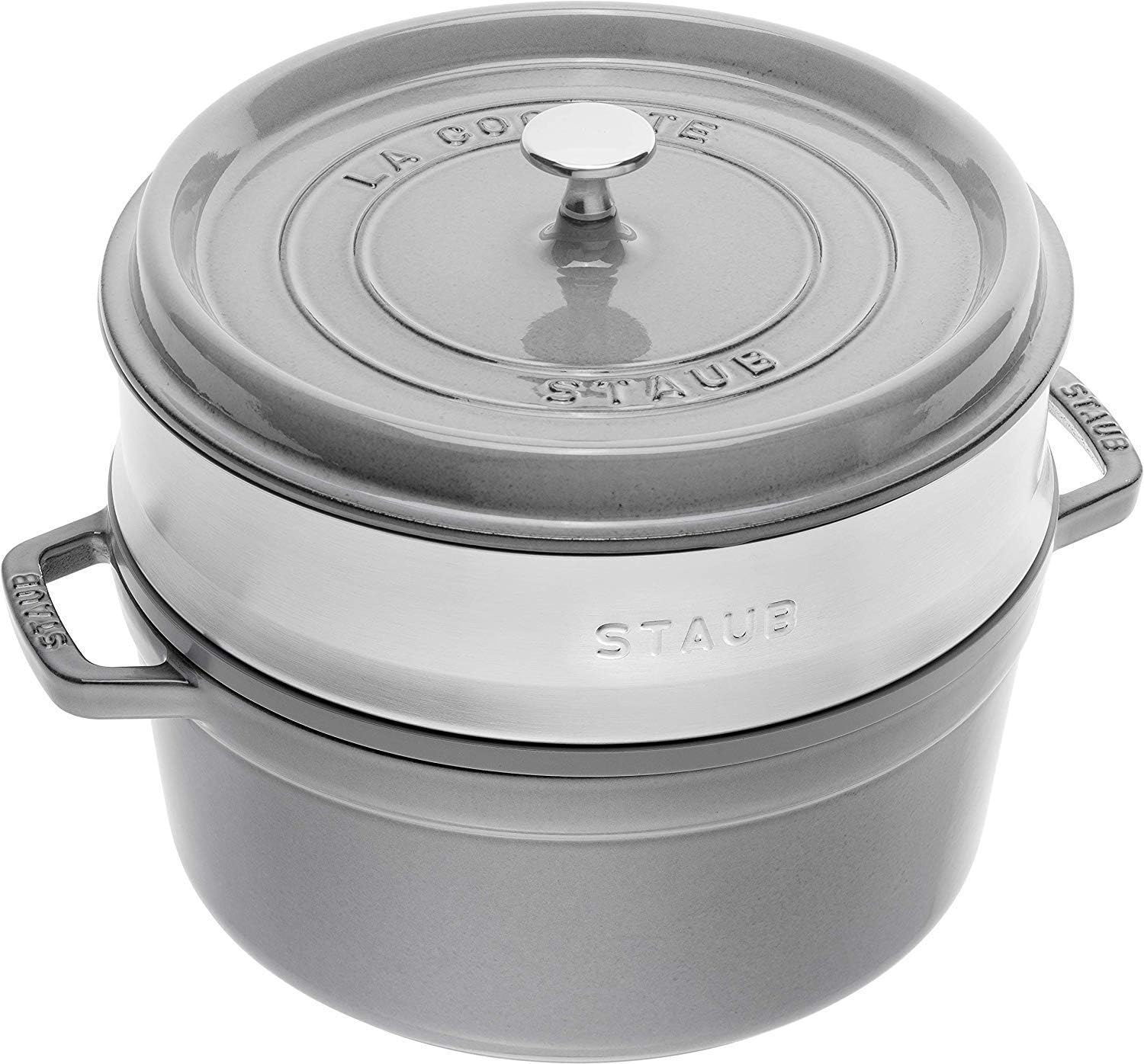 STAUB Casseruole da forno, Casseruola, Cocotte in ghisa, Tonda 26 cm, 5,2 litri, Con inserto per cottura a vapore, Grigio grafite