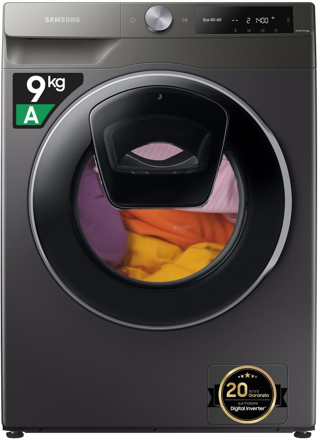 Lavatrice, Nero, 9 kg, 1400 giri, 60 L x 85h x 55p cm, AI control Addwash, Libera installazione, min, WiFi, Ecodosatore, Vapore, Samsung WW90T684DLN