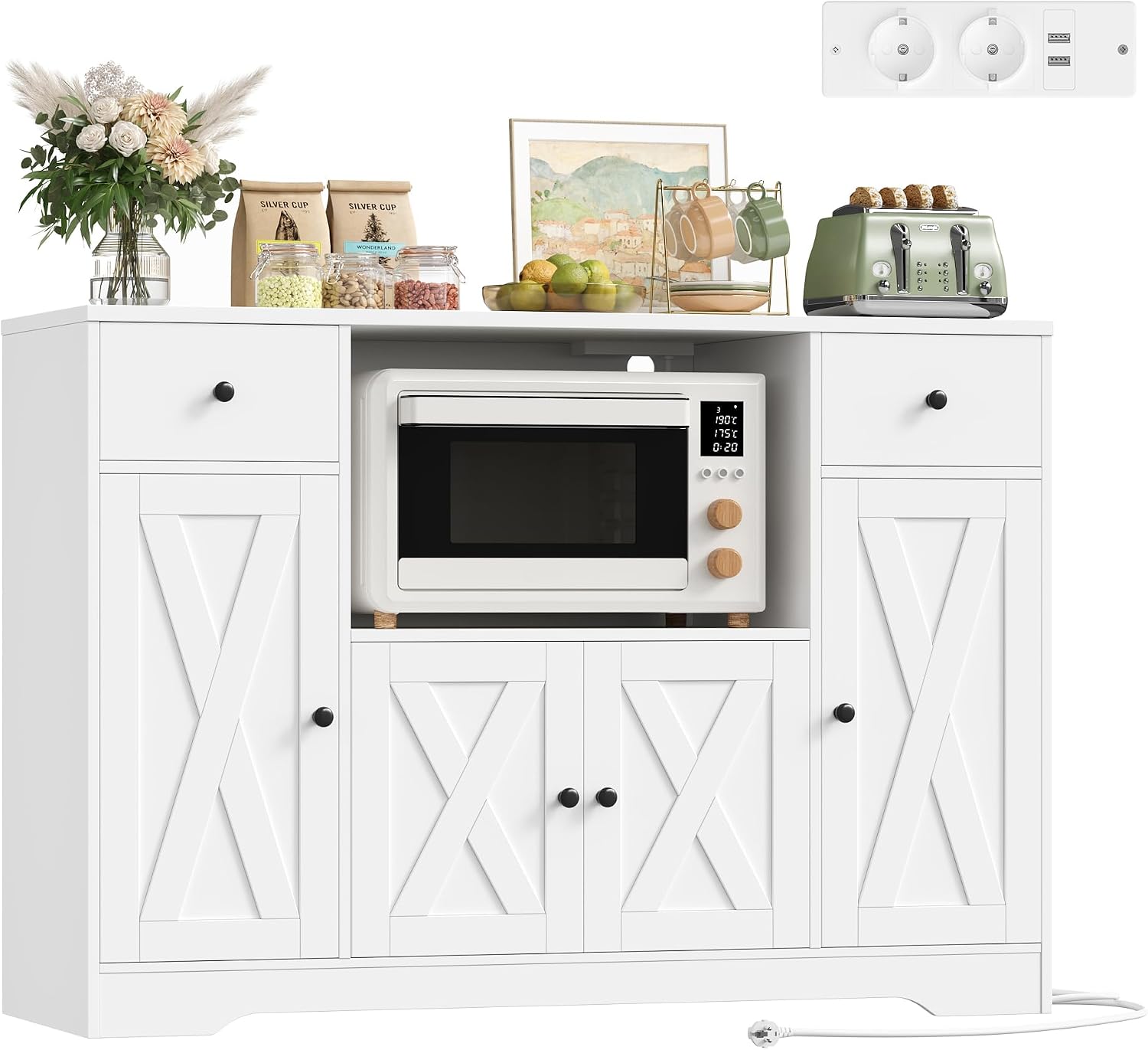 HOCSOK Credenza, Mobile Armadio Microonde con Presa di Corrente Porta USB, Buffet Mobile con Ripiani Regolabili, 120 cm Cucina, per Soggiorno, Bianco