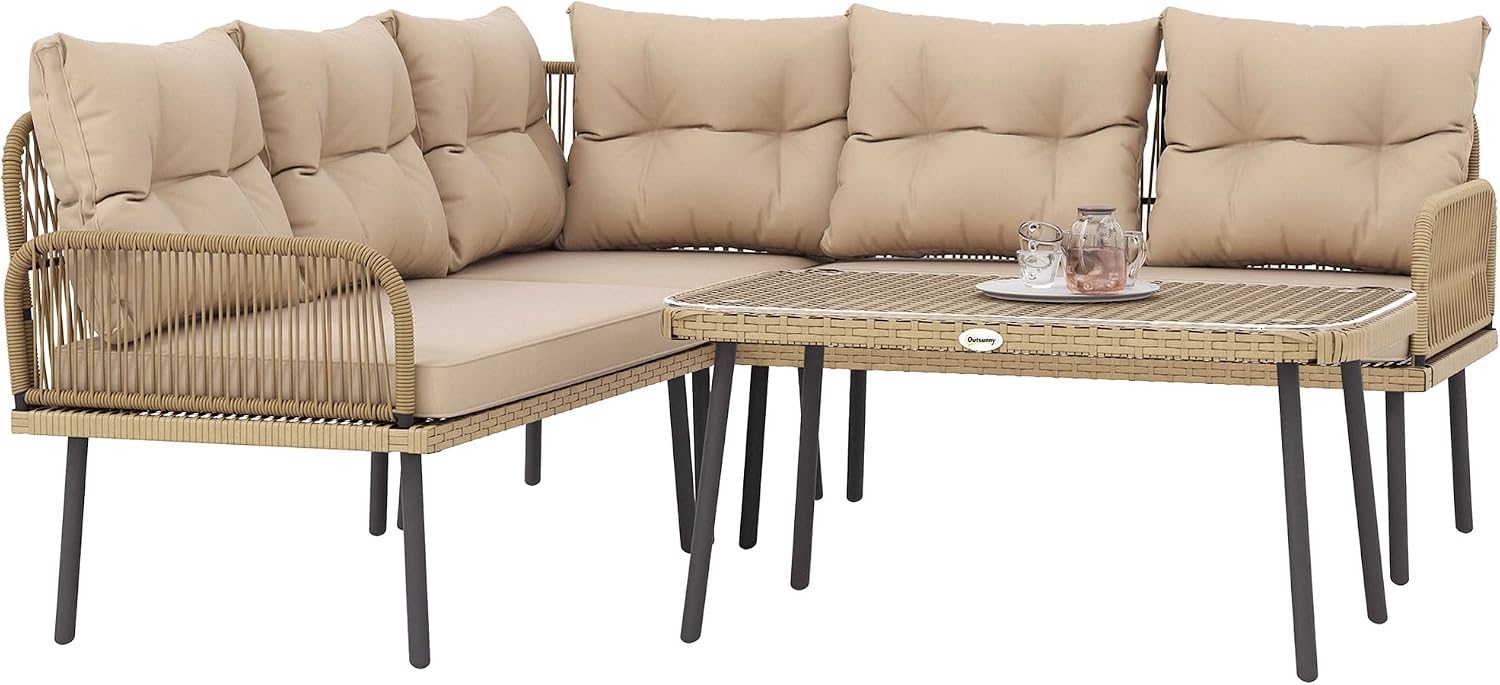 Outsunny Set mobili da giardino, Poltrona Angolare, Naturale, Beige, Salotto da Esterno con 2 Divano a 2 Posti, Struttura in Acciaio