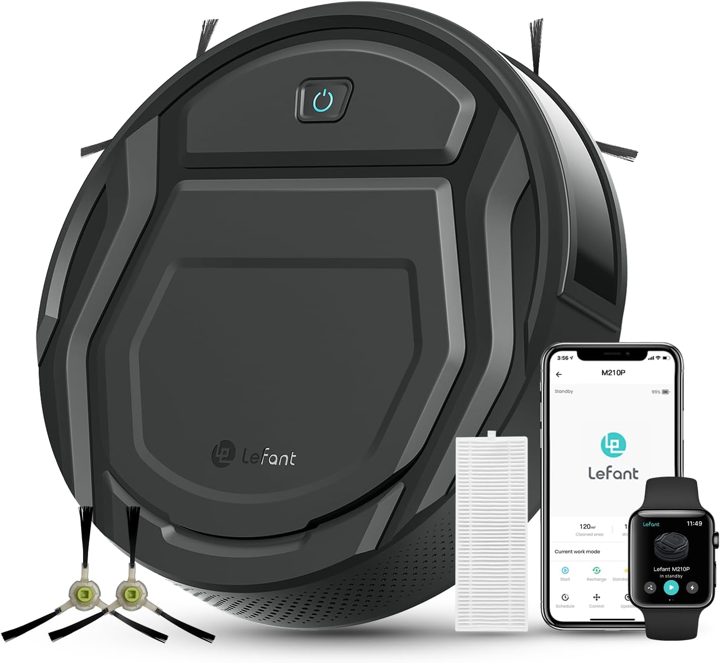 Robot aspirapolvere, Auto 120 Minuti, Potenza 2200 Pa, Ultra Sottile 7.8 cm, Controllo Wi-Fi, APP, Alexa, Nero, Senza Grovigli, Lefant M210P