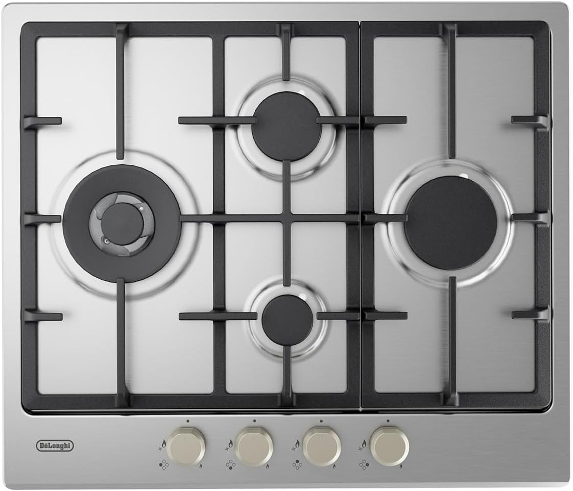 Piano cottura, Acciaio Inox, YLG 60 RFX A Gas 60 cm, 4 Bruciatori 1 Doppia Corona, Griglie In Ghisa, Manopole Frontali, De'Longhi