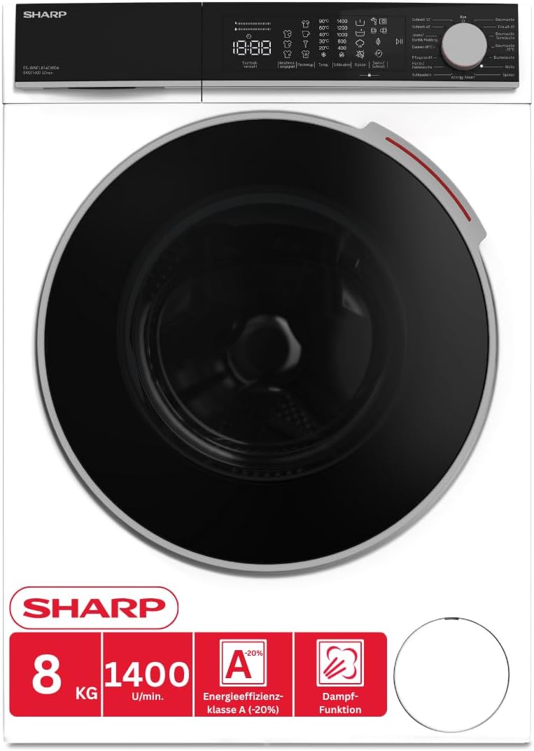 Sharp ES-WNFL814CWDA-DE Lavatrice, min, WLAN, Vapore, AllergySmart, LED Touch, AquaStop, DoubleJet, 8 kg, 1400 giri, Efficienza energetica A -20%