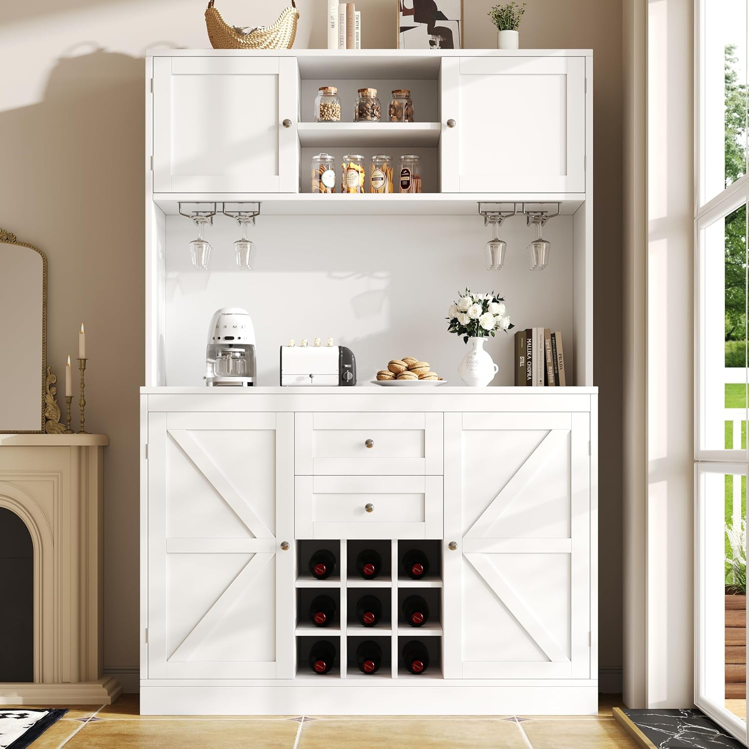 Mobili alti, Armadietto da cucina con ripiani regolabili e scaffale per vino, a buffet alto con 4 ante e 2 cassetti, armadietto a buffet, Soweiz