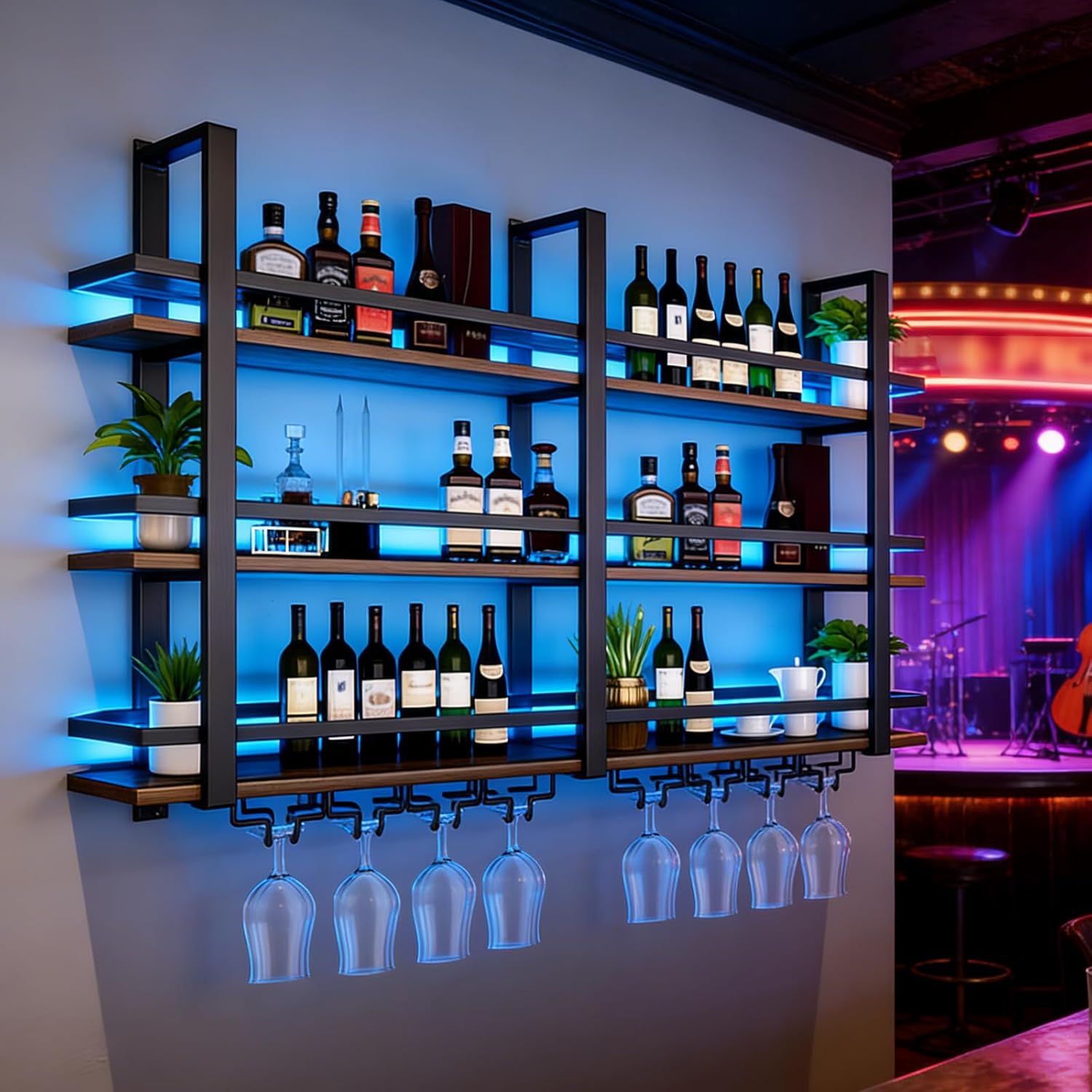 Porta bottiglie da vino, per Bar, Portabottiglie da Parete con luci a LED, con Portabicchieri, Portabottiglie da Parete Industriale, amhricho