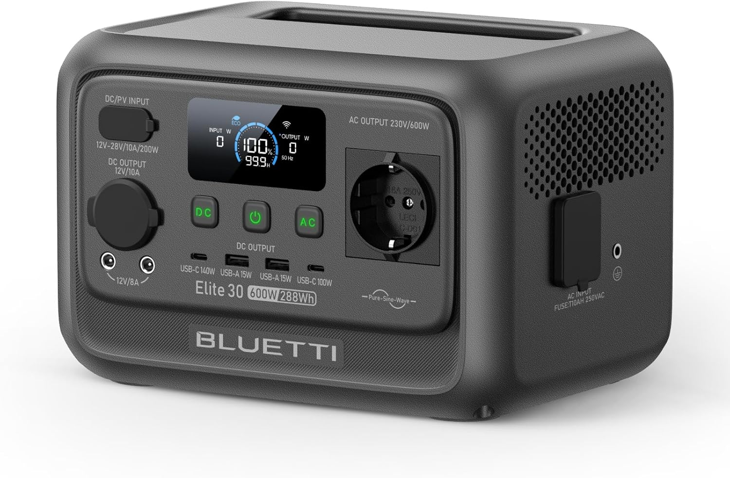 BLUETTI Generatore, Stazione di Energia Portatile Elite 30 V2, Uscita CA da 600 W (Picco 1500 W), Viaggi, Batteria LiFePO4 da 288Wh