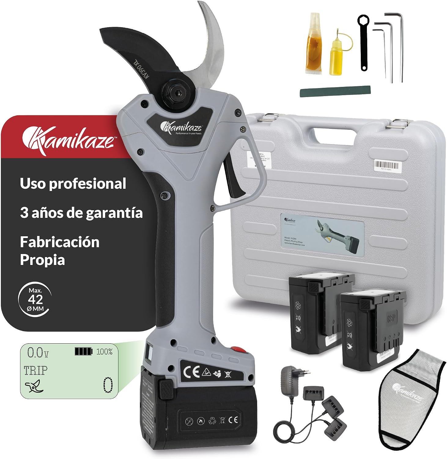 Forbici e cesoie per potatura, 2 batterie e un kit di manutenzione., KAMIKAZE PERFORMANCE IN YOUR HANDS KV390