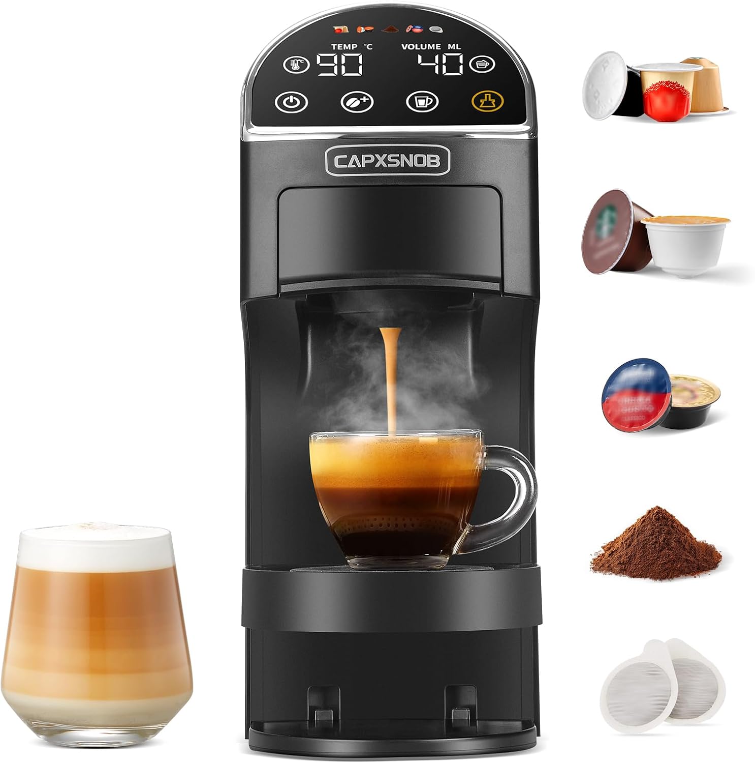 CAPXSNOB 5-IN-1 Macchina da caffè, Dolce Gusto, Lavazza A Modo Mio, Touch LED, Cialde ESE 44 e Macinato, 20 Bar, 1,2 L, Auto-Adattivo
